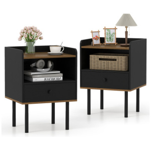Nightstand with Drawer 3-Tier Sofa Side Table with Open Storage Shelf Set of 2-Black