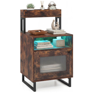 Nightstand with LED Lights Modern End Table with Top Tray Open Compartment and Storage Cabinet-Rustic Brown
