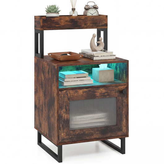 Nightstand with LED Lights Modern End Table with Top Tray Open Compartment and Storage Cabinet-Rustic Brown