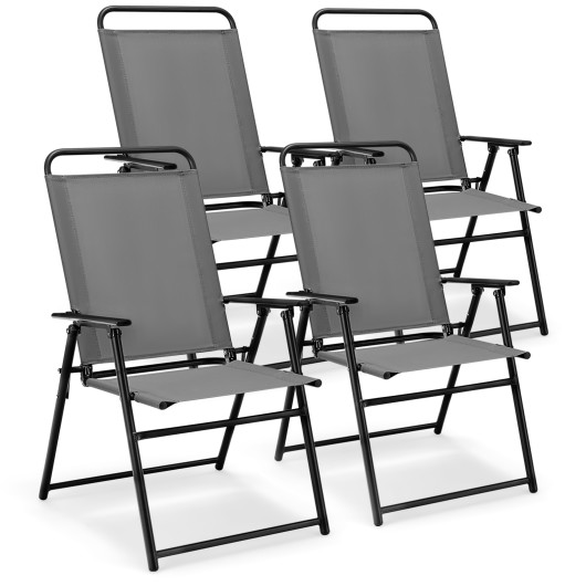 Outdoor Folding Sling Chairs Set of 4 with Armrest and Backrest-Gray