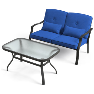 Outdoor Loveseat Chair Set with Coffee Table and Seat Back Cushions-Navy