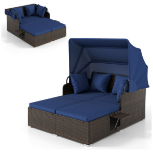 Outdoor Patio Rattan Daybed with Retractable Canopy and Side Tables-Navy