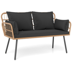 Outdoor Rattan 2-Seat Chair with Seat Back Cushions and Heavy-Duty Metal Legs-Black