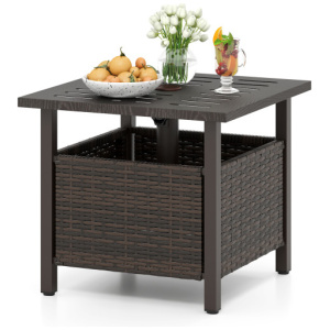Outdoor Side Table All-Weather PE Wicker Patio Table with Umbrella Hole-Brown
