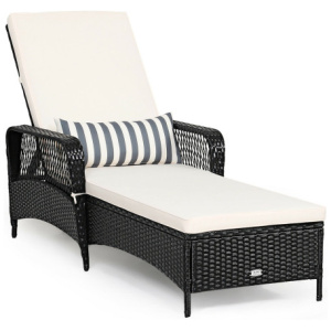 PE Rattan Armrest Chaise Lounge Chair with Adjustable Pillow-Off White
