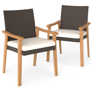PE Rattan Outdoor Patio Dining Chair Set of 2 with Removable Cushion and Acacia Wood Armrests-White