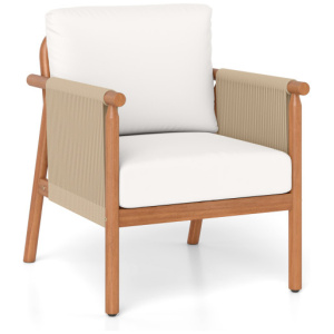 Patio Acacia Wood Chair with Woven Rope Armrests and Seat Back Cushions for Backyard-White