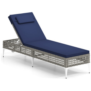 Patio Chaise Lounge Chair with 6-Level Adjustable Backrest and Headrest for Poolside-Navy
