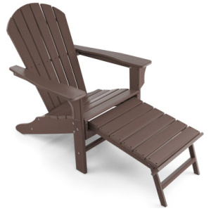 Patio HDPE Adirondack Chair with Retractable Ottoman-Brown