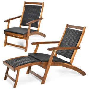 Patio Rattan Folding Lounge Chair with Acacia Wooden Frame Retractable Footrest Set of 2