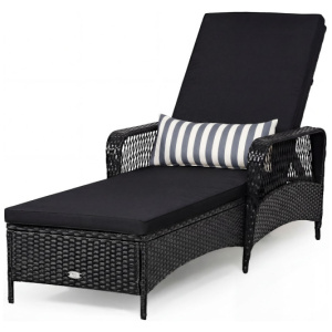 Patio Wicker Chaise Lounge Chair with Pillow and Adjustable Backrest with Cushion-Black