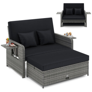 Patio Wicker Loveseat Sofa with Multipurpose Ottoman and Retractable Side Tray-Black