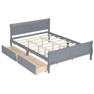 Queen Size Bed Frame with 2 Storage Drawers and Footboard-Gray