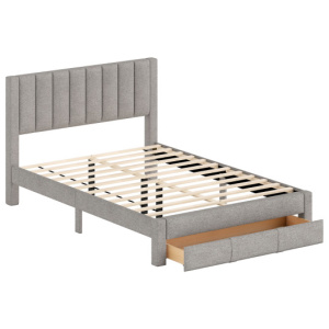 Queen Size Bed Frame with Storage Drawer and Vertical Channel Headboard-Gray