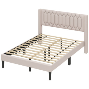 Queen Size Dutch Velvet/Linen Fabric Upholstered Platform Bed with Wingback Headboard and Wooden Slat Support-Beige