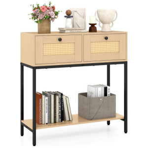 Rattan Console Table Boho Entryway Table with 2 Rattan Drawers and Open Storage Shelf-Oak