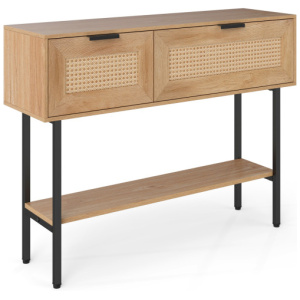 Rattan Console Table with 2 Storage Cabinets Shelf Carbon Steel Frame-Natural