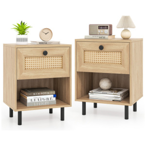 Rattan Nightstand Boho End Table with Rattan Drawer and Open Shelf Set of 2-Natural