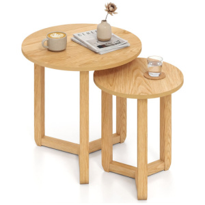 Round Nesting Coffee Table Set of 2 Wood Nesting End Tables with Thickened Top-Natural