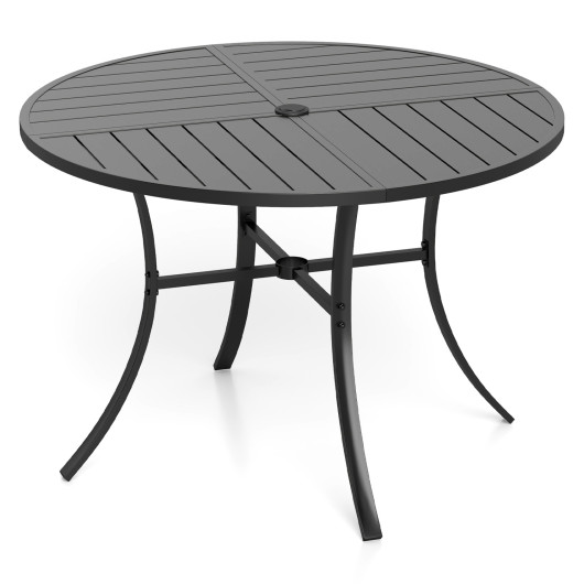Round Patio Dining Table 42.5 Inch Metal Slat Table with Umbrella Hole-Black