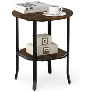 Round Side Table Small End Table with Storage Shelf 2-Tier Nightstand for Small Space-Rustic Brown