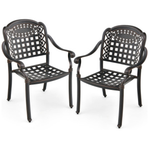 Set of 2 Cast Aluminum Patio Chairs with Armrests-Brown