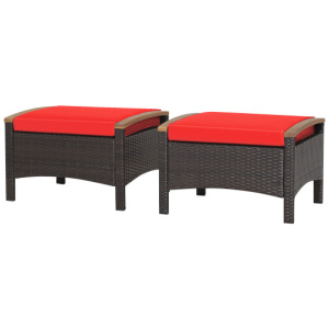 Set of 2 Fade-Resistant Wicker Patio Ottoman-Red