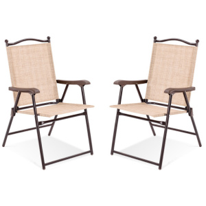 Set of 2 Patio Folding Sling Back Camping Deck Chairs-Beige