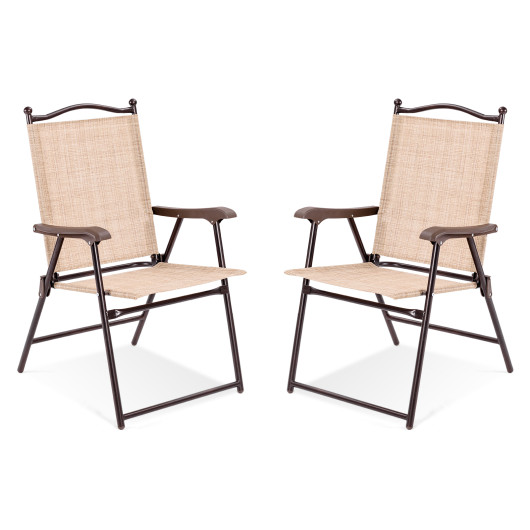 Set of 2 Patio Folding Sling Back Camping Deck Chairs-Beige