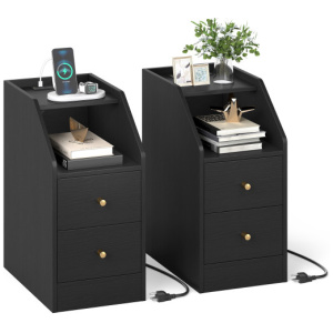 Set of 2 Side End Tables with Charging Station Sofa Couch Tables with Shelf Drawers-Black