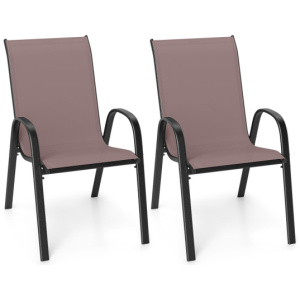 Set of 2 Stackable Patio Dining Chairs Set with Armrest-Brown