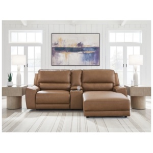 Silverbrooke 3-Piece Leather Dual Power Reclining Modular Sectional with Chaise and Console, Caramel