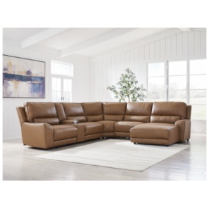 Silverbrooke 6-Piece Leather Dual Power Reclining Modular Sectional with Chaise, Caramel
