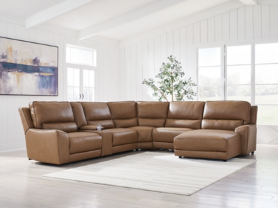 Silverbrooke 6-Piece Leather Dual Power Reclining Modular Sectional with Chaise, Caramel