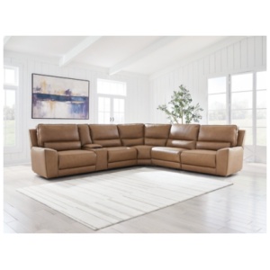 Silverbrooke 6-Piece Leather Dual Power Reclining Modular Sectional with Console, Caramel