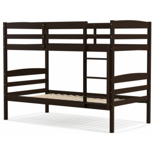 Solid Wood Twin Over Twin Bunk Bed Frame with High Guardrails and Integrated Ladder-Espresso
