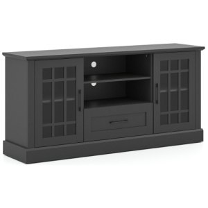 TV Stand for TVs up to 70 with Glass Doors Cubbies and Drawer-Black