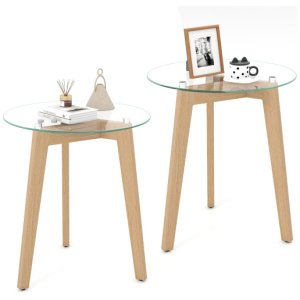Tempered Glass End Table Round with Solid Rubber Wood Structure-Set of 2