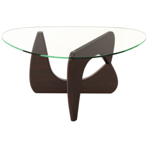 Triangle Coffee Table with Tempered Glass Top and Adjustable Rubber Wood Base-Walnut