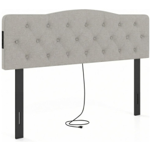 Tufted Upholstered Head Board for Queen and Full Size Bed with 2 AC Outlets-Gray