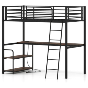 Twin Loft Bed with Desk and Shelves for Kids and Adults-Rustic Brown