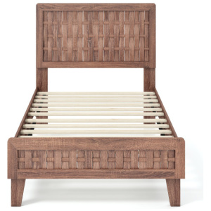Twin Size Bed Frame Mid Century with Woven Accent Headboard