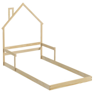 Twin Size Floor Bed with Chimney and Headboard and Handrail-Natural