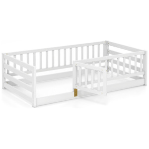 Twin Size Floor Bed with High Fence and Door Playhouse for Kids-White