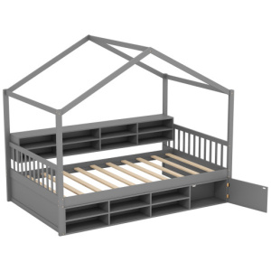Twin Size House Bed with Roof with 14 Storage Cubes and Enclosed Cabinet-Gray
