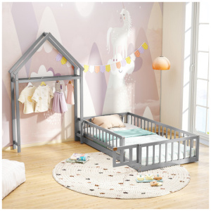 Twin Size House Floor Bed with House-shaped Headboard-Gray