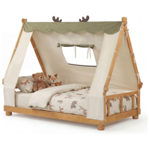 Twin Size House Floor Wood Bed with Tent-Natural