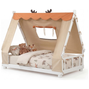 Twin Size House Floor Wood Bed with Tent-White