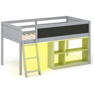 Twin Size Kids Loft Bed with LED Lights and Removable Bookcase-Gray