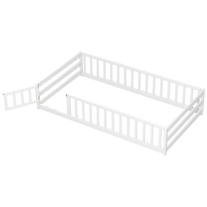 Twin Size Kids Wood Montessori Floor Bed with Door and Fence-White